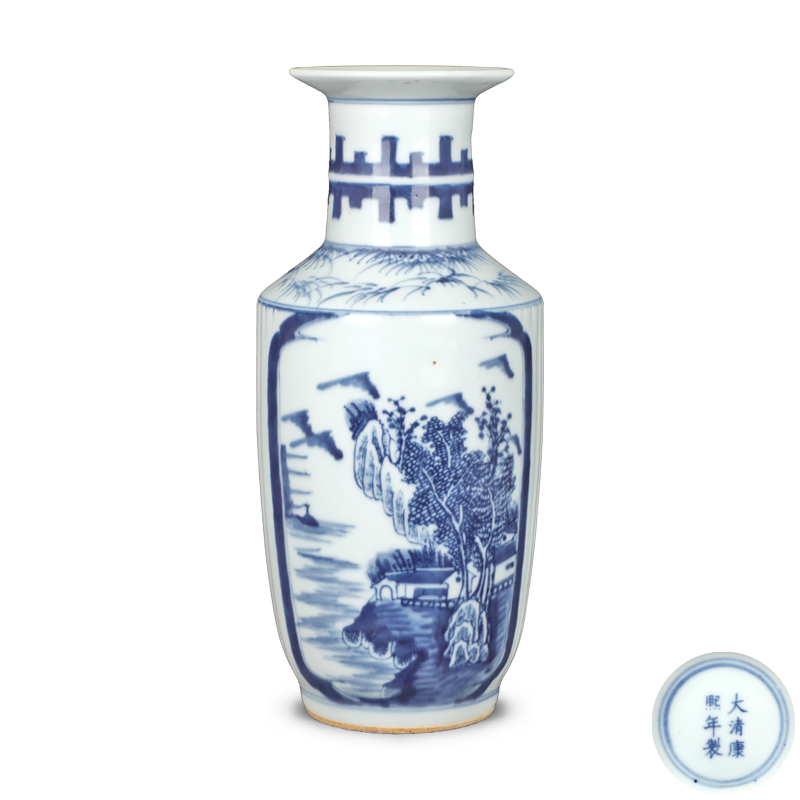 大清康熙年制款 青花开光山水纹棒槌瓶