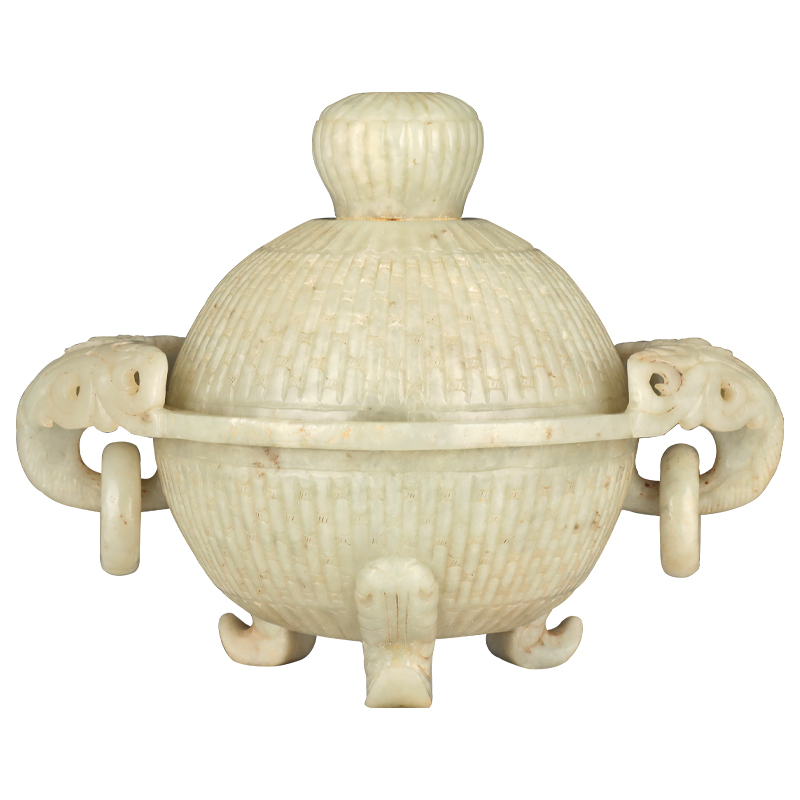 明代和田青白玉象耳衔环盖尊