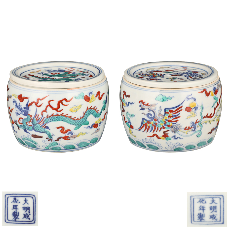 大明成化年制款斗彩龙凤纹蛐蛐罐一对