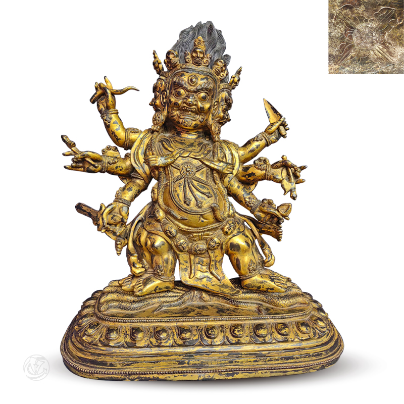 藏传佛教铜鎏金三头六臂玛哈嘎拉（大黑天）造像