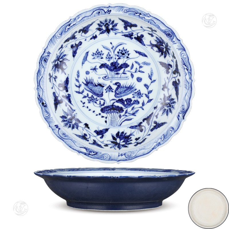 永乐霁蓝釉青花鸳鸯莲池折沿花口盘