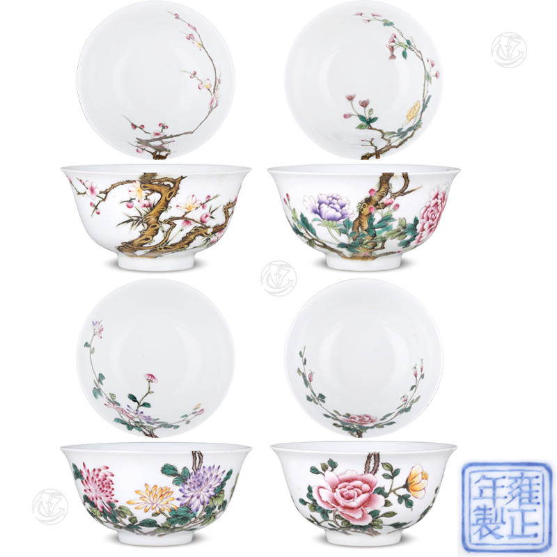 雍正年制款 珐琅彩花开四季纹碗（一组四件）
