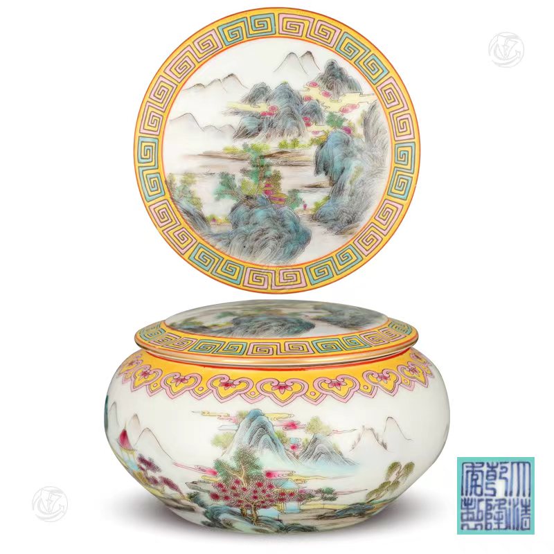 大清乾隆年制款珐琅彩山水纹盖罐