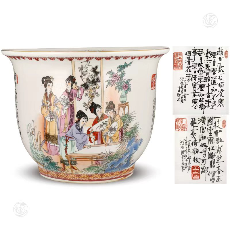 人物仕女图诗文描金折沿花盆