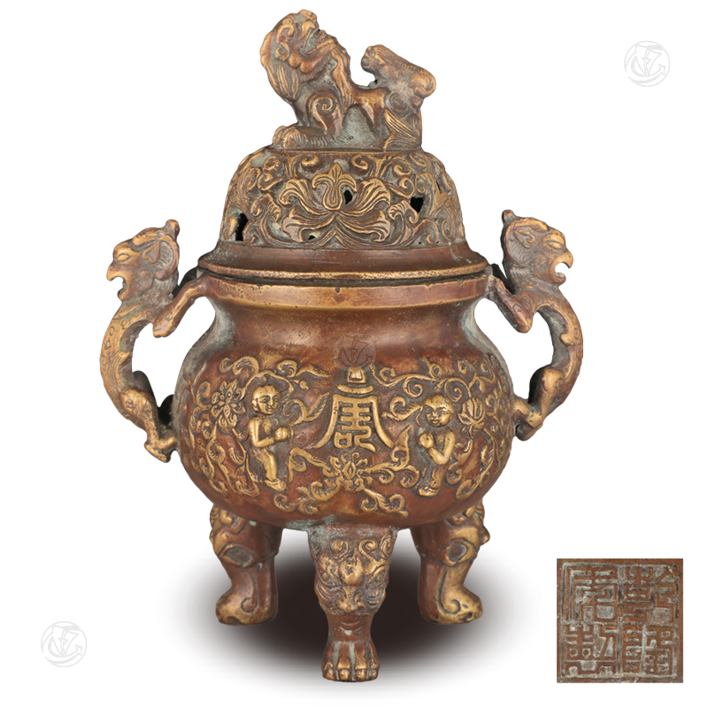 铜鎏金童子拜寿香炉