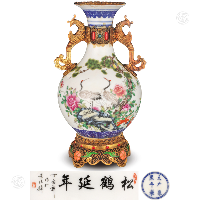 大清康熙年制款粉彩松鹤延年累丝镶嵌赏瓶
