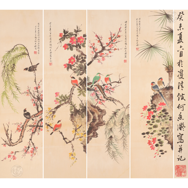 何香凝 《花鸟》四条屏