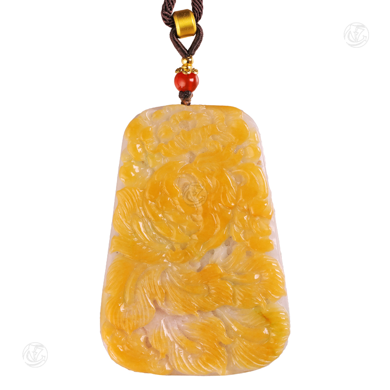 糯冰种黄翡福禄寿凤穿牡丹挂件