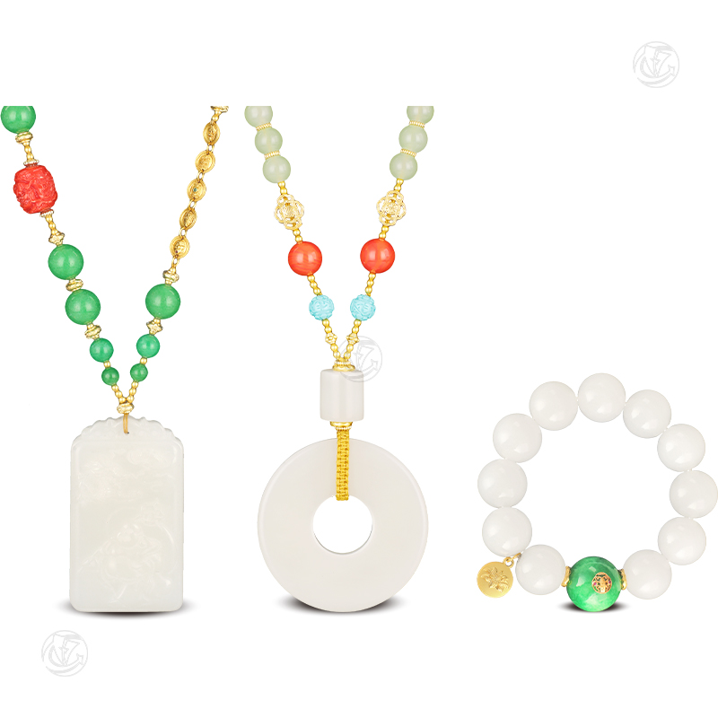 和田羊脂白玉福禄寿平安扣、佛公平安无事牌、手串(1组3件)