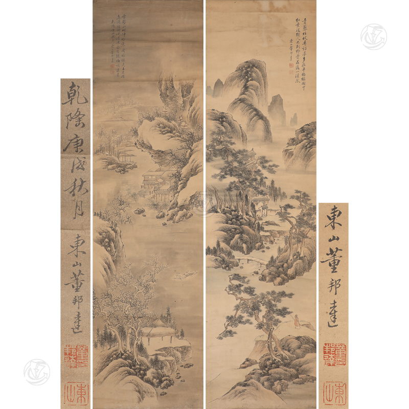 董邦达款 山水画 二条屏