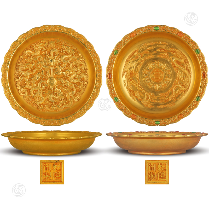 铜鎏金龙凤纹花口盘 1对（乾隆御制款）